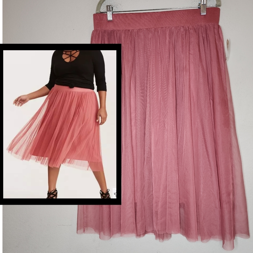 NWT Torrid Mauve Pink Pleated Mesh Midi Skirtโ Pull On Stretch Size Large XL (0)